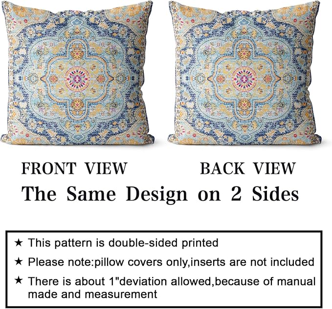 Snycler Boho Throw Pillow Covers 20x20 inch Set of 2 Burnt Blue Yellow Terracotta Rust Colored Throw Pillows Boho Home Decor for Bedroom Living Room Couch & Sofa (No Inserts)