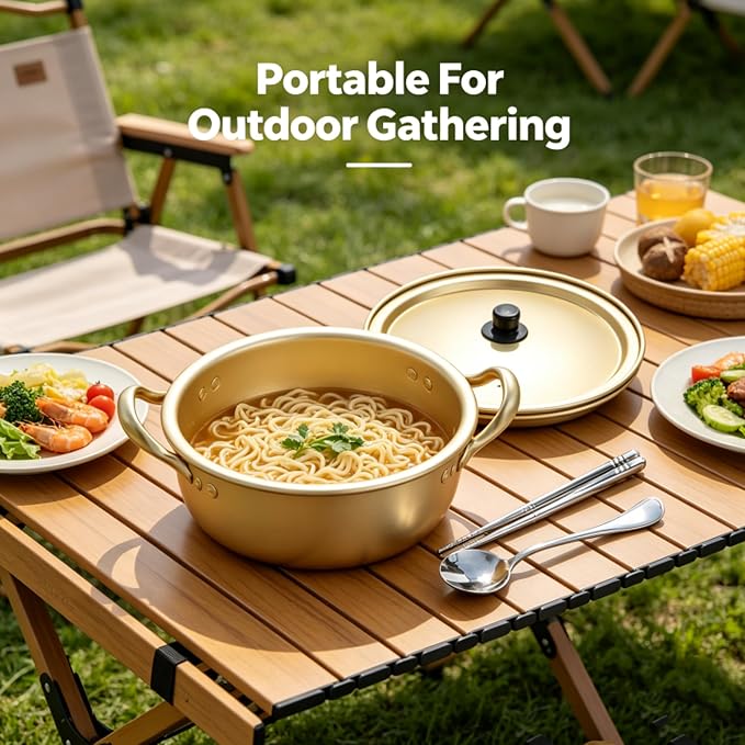Korean Ramen Pot, Double Handle Soup Stockpot with Lid & Even Heat Design | Stovetop compatible single serving pot、Sealed lid for soup & ramen cooking、Portable kitchenware for dorm & household users