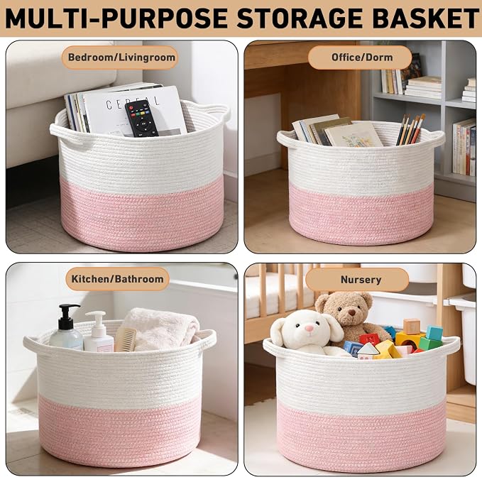 115L Extra Large Pink Woven Cotton Rope Basket with Handles | Kids Nursery Laundry Basket Hamper for Toys, Blankets, Pillows & Comforters, Cute Storage Bin for Bedroom & Playroom