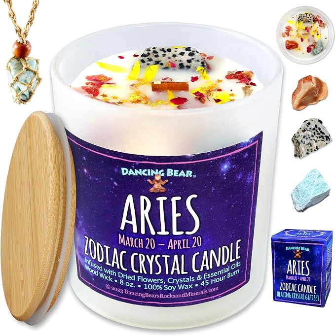 DANCING BEAR Aries Zodiac Candle Gift Box Set with 3 Healing Crystals & Stone Holder Necklace, 100% Soy Scented Wax, Crackling Wood Wick, 45 Hour Burn Time
