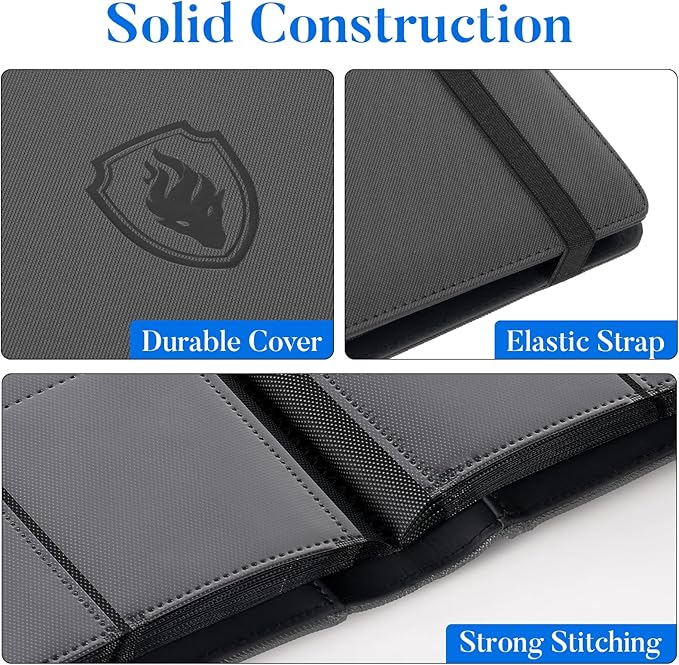 Premium 9 Pocket Card Binder for 360 Cards, Fabmaker PU Cover Trading Card Binder, Sturdy Card Collection Album, Sleek Card Holder Folders for Game Cards & Sports Cards, Grey