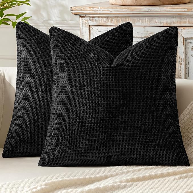 MIULEE Decorative Couch Throw Pillow Covers 16x16 Inch Black 2 Pack | Modern Boho Accent, Soft Chenille Pillow Covers, Farmhouse Cushion Cases for Home Decor Bed Sofa Living Room