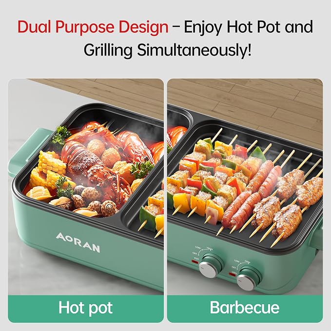 AORAN Electric Hot Pot with Grill, 2-in-1 Indoor Non-Stick Pot for Korean BBQ, Shabu Shabu & Noodles, Dual Temperature Control, Quick Heating with Bonus Accessories Green