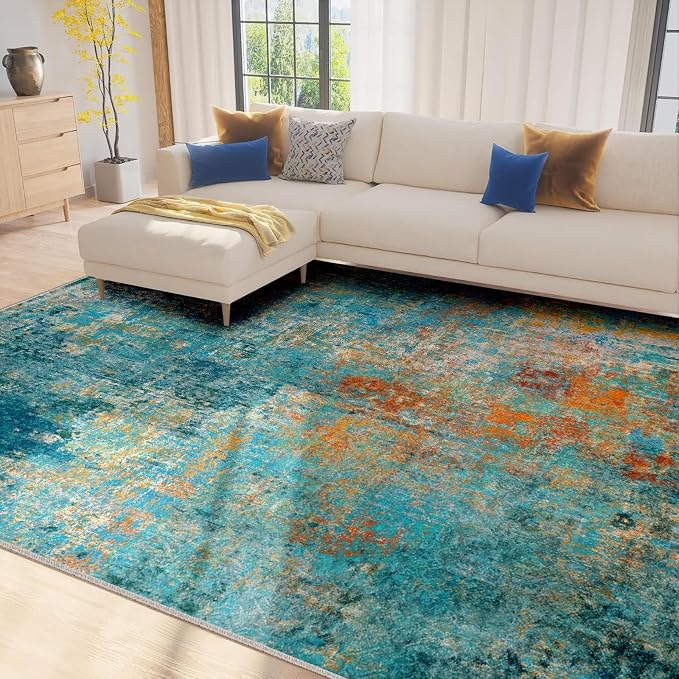 RELEANY Washable 7'x9' Abstract Area Rug for Living Room Teal Multi | carpet for bedroom, kitchen, office, hallway and entryway, printed pattern, non-slip, soft, stain-resistant, easy to clean