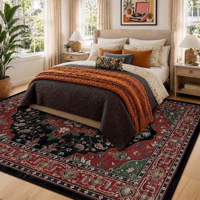 RELEANY Area Rugs 6'x9' Washable Non-Slip, Floral Vintage Distress Medallion Carpet for Living Room Bedroom Dining Room, Red Black
