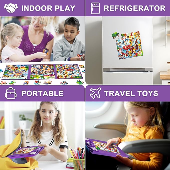 Magnetic Puzzles for Kids Ages 4-8, 3 in 1 Toddlers Cartoon Magnet Jigsaw Puzzle Book, Travel Toys, Preschool Learning Toy for Ages 3-8 (Purple Squad)