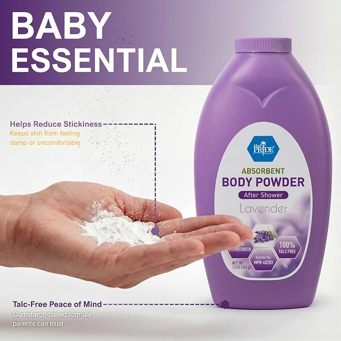 MED PRIDE Talc-Free Cornstarch Body Powder, Lavender Scent, 13 oz Bottle