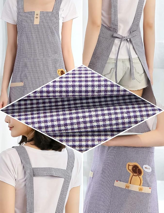 NEWGEM 100% Cotton Cute Gingham Apron with Pockets - Korean Style H-Back Pinafore for Florist, Housekeeping, Art Teacher (Purple Doggy)