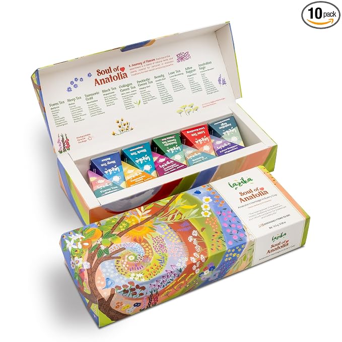 Lazika Tea Sampler with Premium Presentation Box, 10 Counts, Mothers Day Gifts, 2 of Each Blend Individually Wrapped, Black, Green and Herbal Tea Variety Gift Set, Collection with Pyramid Infuser Bag