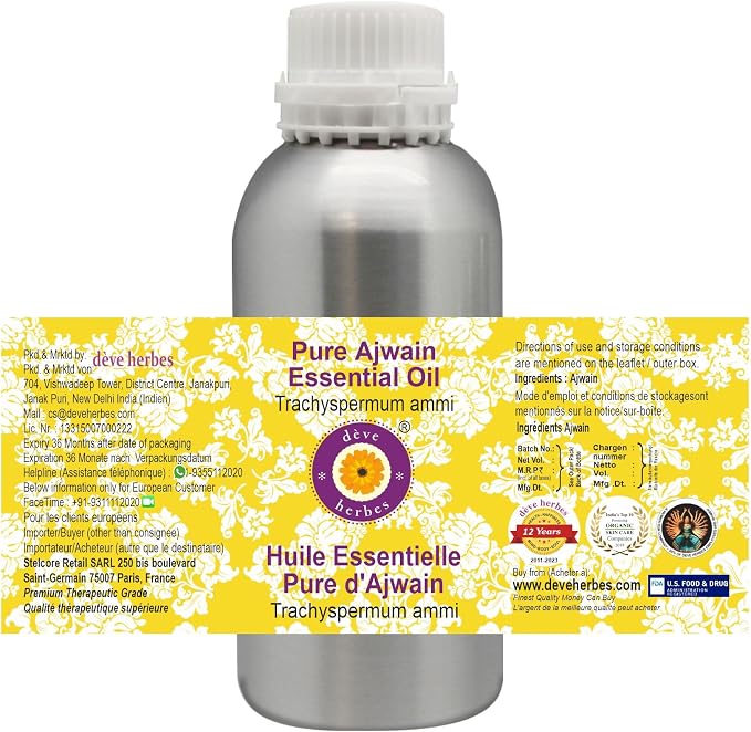 Deve Herbes Pure Ajwain Essential Oil (Trachyspermum ammi) Steam Distilled 630ml (21 oz)
