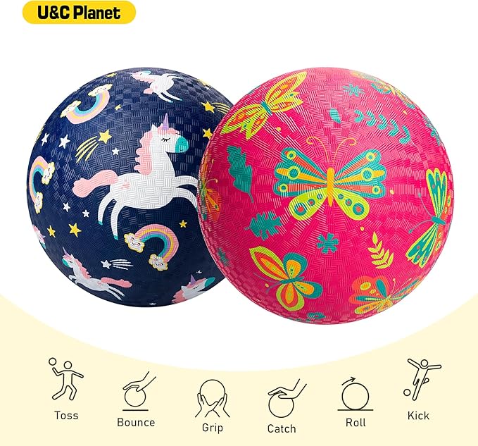 U&C Planet 2 Pack Playground Balls for Toddler Kids, 6 inch 8.5 inch Cartoon Rubber Balls with Pump, Dodgeball Kickball for Outdoor & Indoor Game, Great Gift for Boys Girls Aged 1 and Above