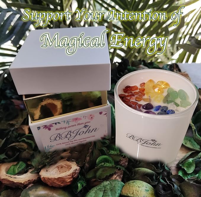 Chakra Crystal Candle - Manifestation Intention - Healing Crystals Gemstones - Seven Chakras Stones - Meditation - Spiritual Aromatherapy - Stress Relief, Relaxing & Balance - Natural Soy Wax
