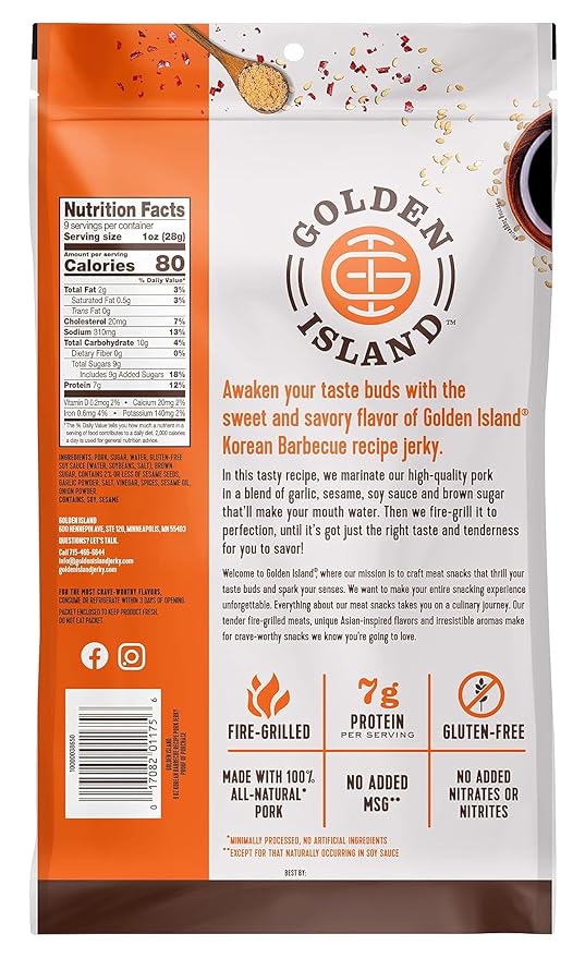 Golden Island Korean BBQ Pork Jerky - (4 Pack) 9 oz Resealable Bag - Fire-Grilled Specialty Meat Snack - Sweet & Savory Protein Snack - 7g Protein per Serving - Made with 100% All-Natural Pork