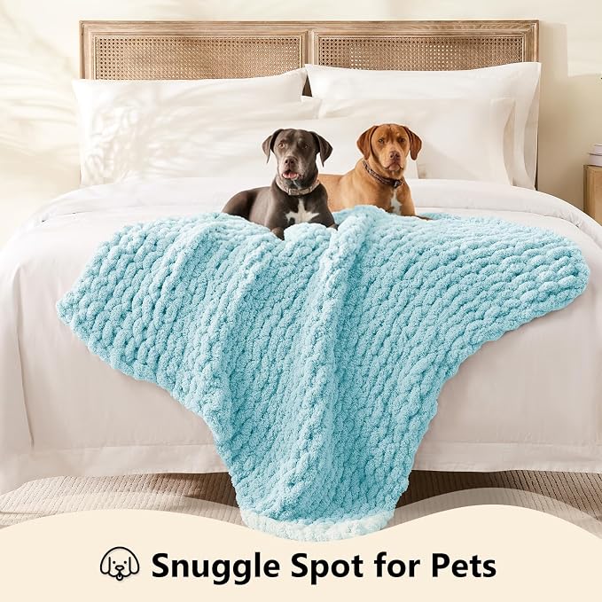 L'AGRATY Chunky Knit Throw Blanket for Couch, 40 x 50 Inches, Light Blue | Handmade Chenille Crochet Blanket for Sofa Bed, Thick Cable Knitted Blankets for Room Home Decor, Birthday Gift for Women Mom