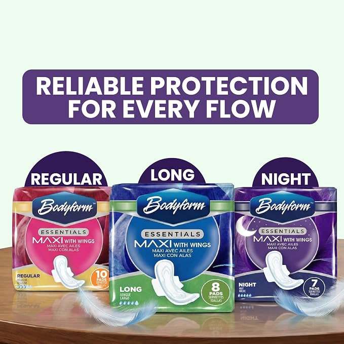[42 Count] Essentials Maxi Pads with Wings | 7 Count (Pack of 6), Sanitary Pads for Women, Super-Soft & Leak-Proof Period Pads, Advanced Absorbent Core with Wings | Night