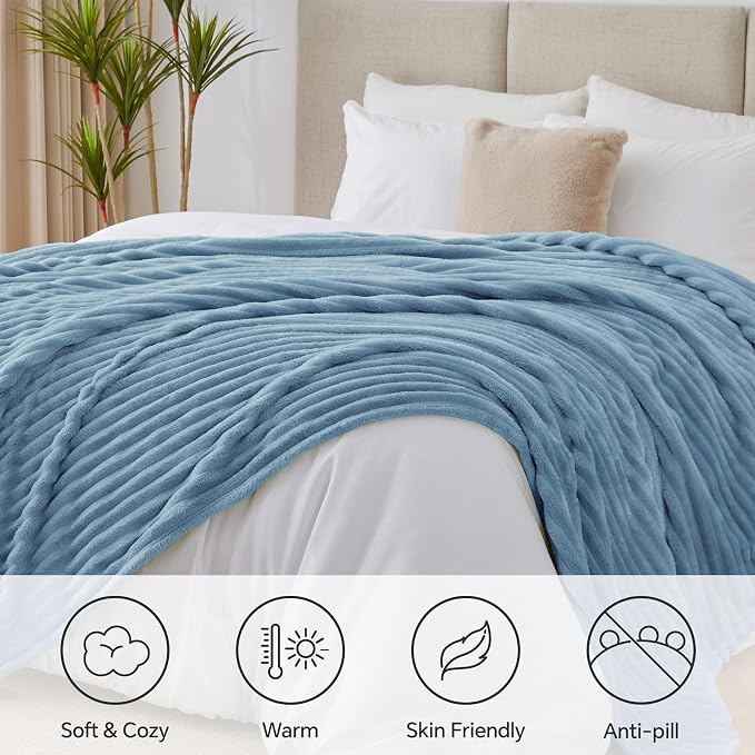 BEDELITE Ribbe Blankets Queen Size for Bed, Blue, 90"x90" | Ultra-Soft Plush Fleece, Warm Yet Lightweight, Ribbed Texture, Home Decor, Machine Washable, Giftable, All-Season Use