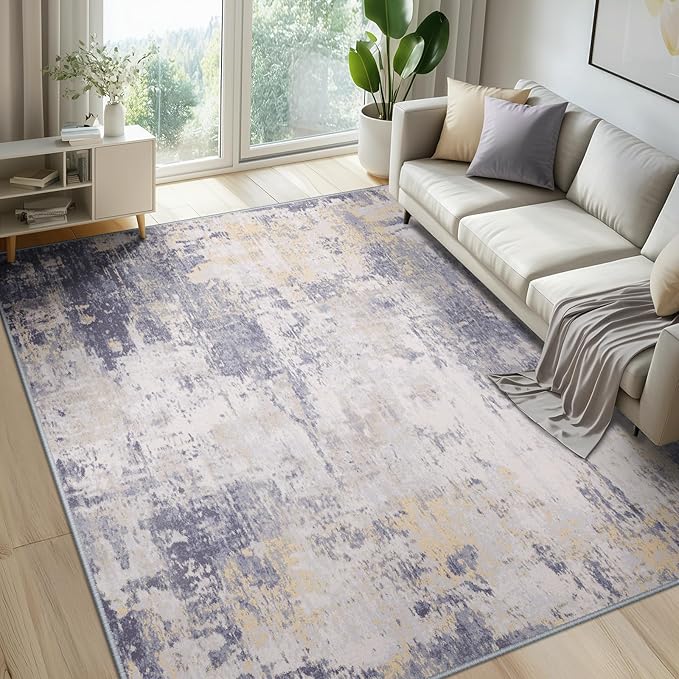 RELEANY Washable 9'x12' Abstract Area Rug for Living Room Gray Yellow | carpet for bedroom, kitchen, office, hallway and entryway, printed pattern, non-slip, soft, stain-resistant, easy to clean