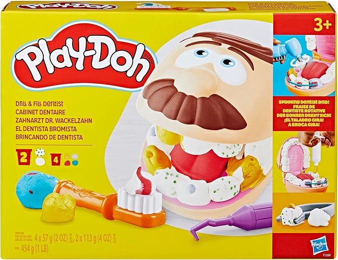 Play-Doh Drill 'n Fill Dentist Toy for Kids 3 Years and Up with Cavity and Metallic Colored Modeling Compound, 10 Tools, 6 Total Cans, 2 Ounces Each, Non-Toxic, Assorted Colors