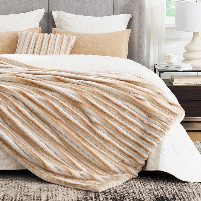 Cozy Bliss Faux Fur Throw Blanket for Couch, Cozy Warm Plush Striped Blanket for Sofa Bedroom Living Room,60 * 80 Inches Khaki