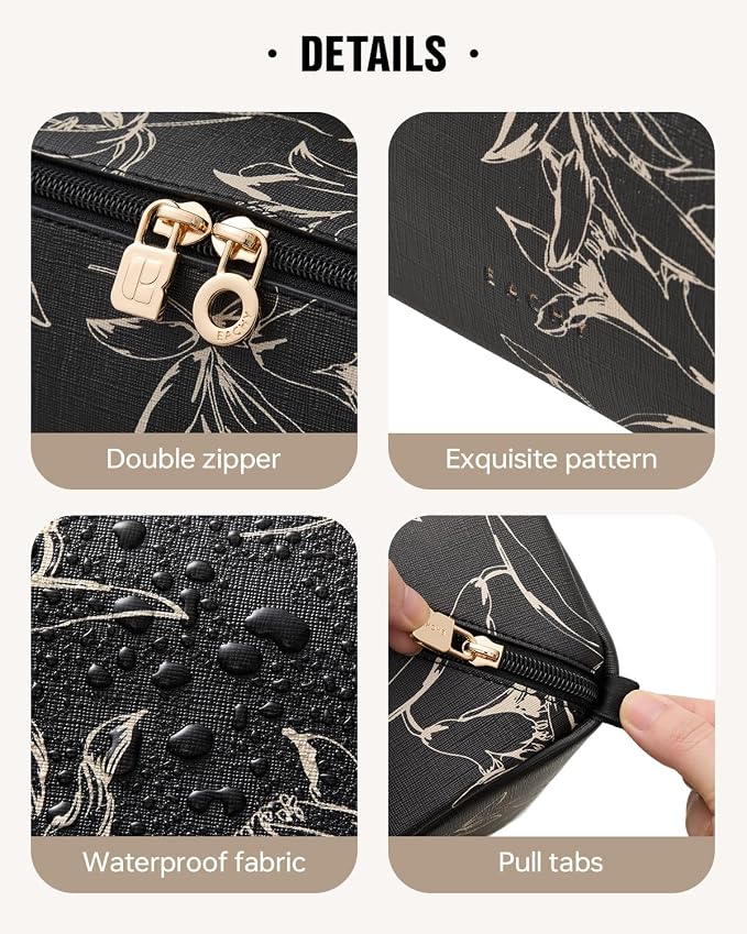 EACHY Travel Makeup Bag, Large Capacity Cosmetic Bags for Women, Waterproof Portable Pouch Open Flat Toiletry Bag Pattern Make up Bag (F-Black)