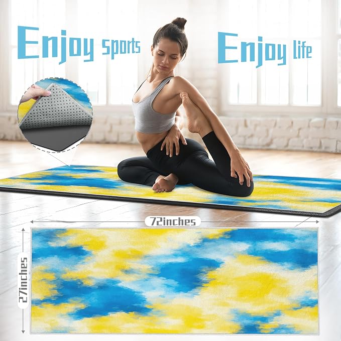 Yoga Mat Towel,Hot Yoga Towel High-Definition Pattern,Machine Washable with Ultra-Absorbent Yoga Towels for Hot Yoga Non Slip for Fitness,Exercise,Pilates,72 x 27 in,Blue & Yellow