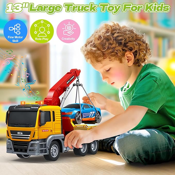 SpringFlower Tow Truck Toy, 3 4 5 6 Years Old Boy Toddlers Truck Vehicle, 12" Large Tow Toy with Racing Car Light Sound, Birthday Gifts for 3 4 5 6 Boys & Girls