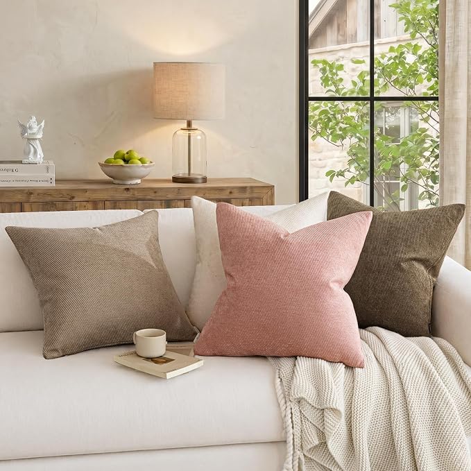 a moment Pack of 2 Decorative Chenille Throw Pillow Covers with Twill Cushion Covers for Sofa Living Room Couch Bed 24x24 Inch Light Brown