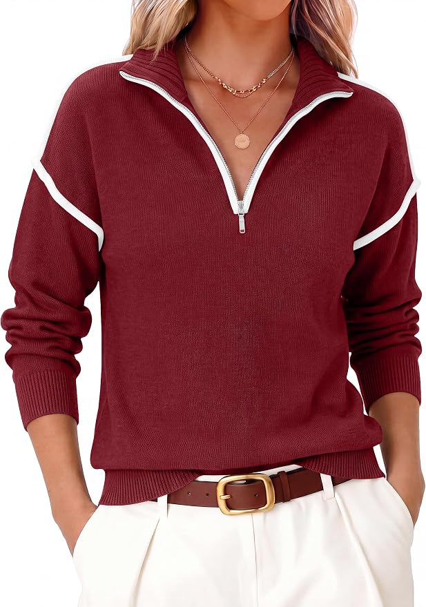 ANRABESS Womens Quarter Zip Sweaters Fall Long Sleeve V Neck Shirts Collared Business Casual Tops Knit Pullover Sweatshirts