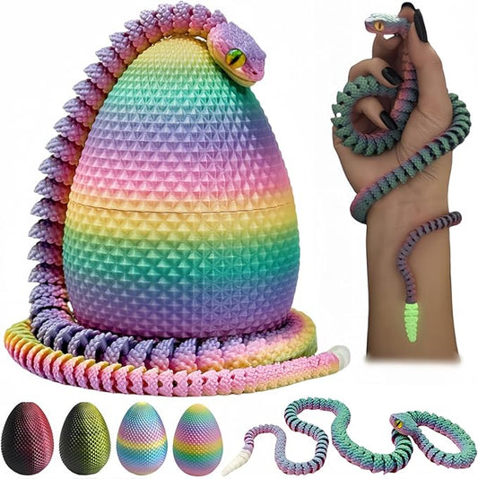 3D Printed Snake with Egg Set - 23.23Inch Rattlesnake with Luminous Tail, 3D Printed Animal with Snake Inside, Fake Snake Fidget Toys for Kids & Adults, Hallowen Decor (Rainbow Color)
