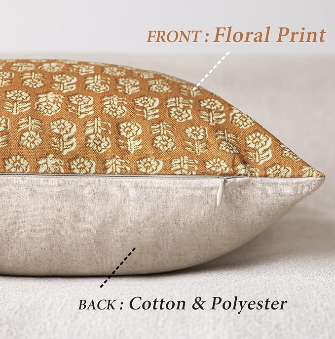 Foindtower Set of 2 Decorative Vintage Floral Print Throw Pillow Covers Neutral Modern Farmhouse Cushion Cover Boho Home Decor For Sofa Couch Chair Bedroom Living Room Outdoor,22×22 Inch,Golden Orange
