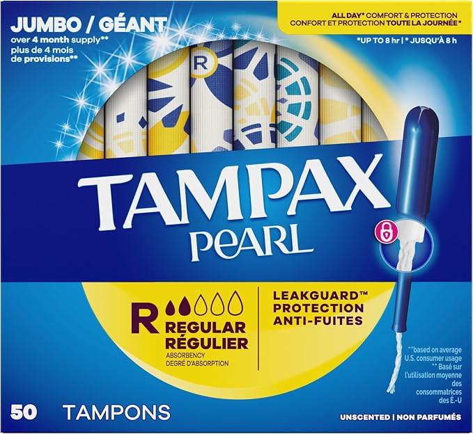 Tampax Pearl Tampons for Women, with LeakGuard Braid, Regular Absorbency, Unscented, 50 Count