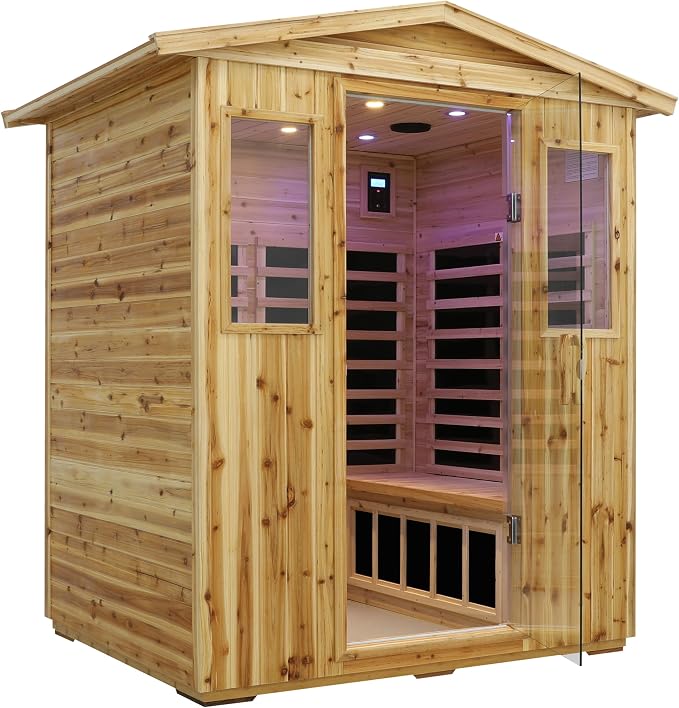 LTCCDSS Low EMF Outdoor Far Infrared Sauna 4-Person, Hemlock Wood Sauna for Home- Bluetooth Speakers, LED Reading Lamps, Chromotherapy Lights, 68.1 * 52.4 * 82.7 in