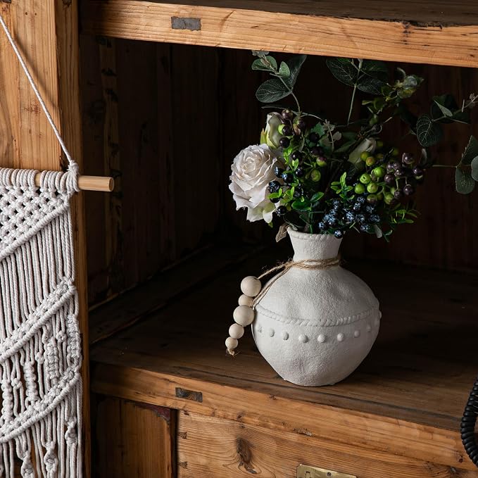 Mowtanco Rustic Ceramic Vase with Boho Wooden Beads, Matte Decorative Pottery for Modern Farmhouse and Bohemian Decor, Floral Arrangements, Living Room, Dining Table Centerpieces