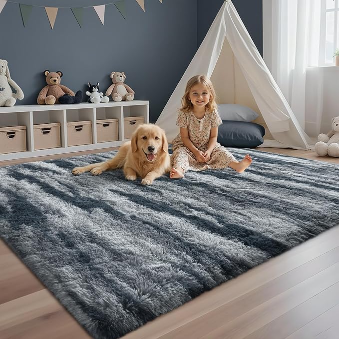 4x6 Ft Shag Plush Rugs for Bedroom,Ultra Soft Fluffy Furry Area Rugs Non-Slip Carpet for Living Room,Nursery,Kids Room,Dorm,Aesthetic Home Decor (Blue)