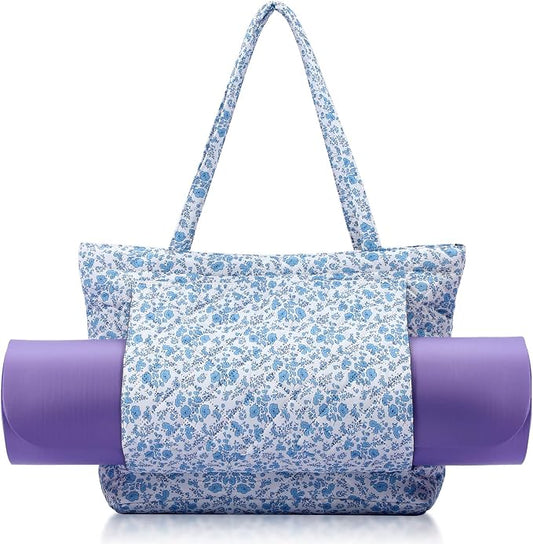 Sadnyy Blue Floral Quilted Yoga Bags with Mat Pocket for Women, Cute Cotton Floral Yoga Tote Carrier with Shoulder Strap, Ideal for Pilates, Travel, Office, Beach & Workout