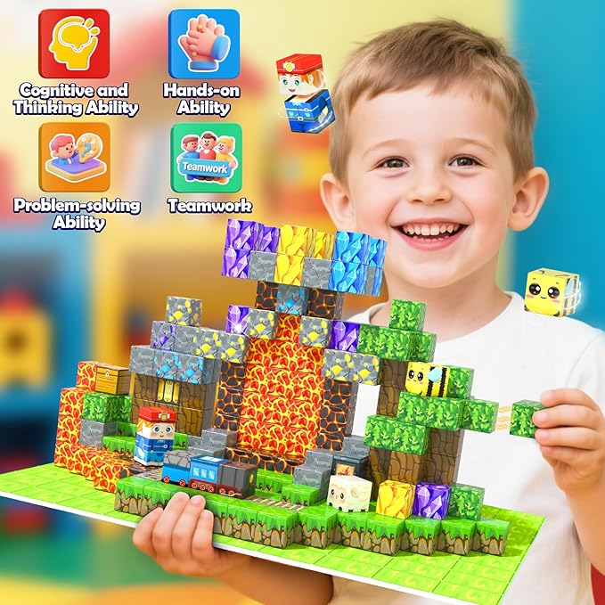 150PCS Magnetic Blocks - Build Mine Magnet World Kids Building Blocks with Magnet Board for 3 4 5 6 7 8 9 10 Year Old Boys & Girls Magnetic Tiles STEM Sensory Outdoor Toys for Kids Ages 4-8 5-7