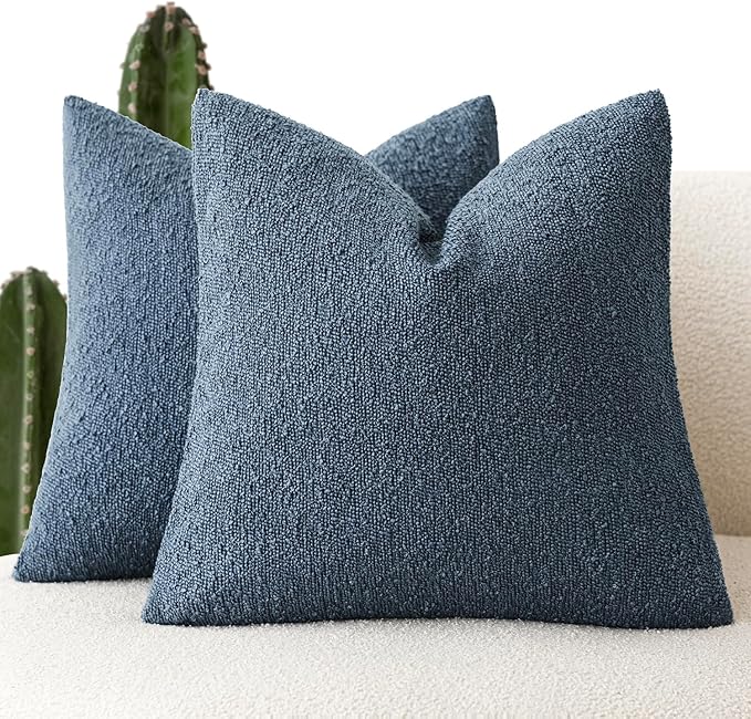 Foindtower Pack of 2, Decorative Textured Boucle Throw Pillow Covers Accent Solid Pillow Cases Cozy Soft Couch Cushion Case for Chair Sofa Bedroom Living Room Home Decor 22x22 Inch Dark Blue