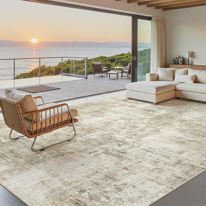 Soalmost Abstract 7x10 Area Rug for Living Room Washable Rugs Beige/Gray | Non-Slip Low-Pile Carpet for Dining Bedroom, Foldable Thin Vintage Stain Resistant Floor Mat Under Table Home Office Nursery