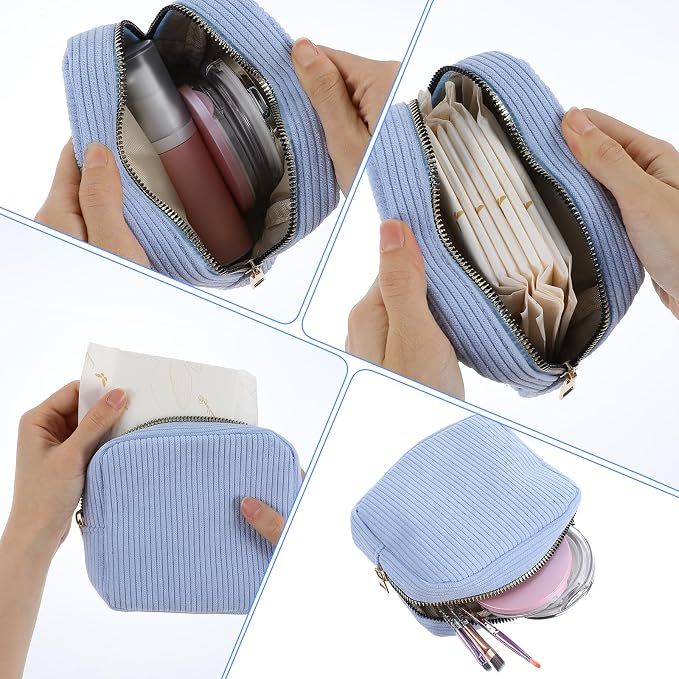 Period Bag for Teen Girls (Blue) | Corduroy Sanitary Napkin Storage Bags Portable Sanitary Pad Storage Bag with Slip-in Pockets