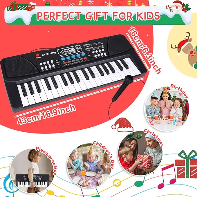 M SANMERSEN Upgraded Kids Piano Keyboard 37 Keys with Microphone, Music Toys Birthday Gifts for 3 4 5 6 Year Old Boys Girls, Black