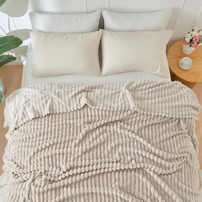 NEWCOSPLAY Super Soft Twin Blanket Linen Premium Silky Flannel Fleece 3D Ribbed Jacquard Lightweight Bed Blanket All Season Use (Linen Ribbed, Twin(60"x80"))