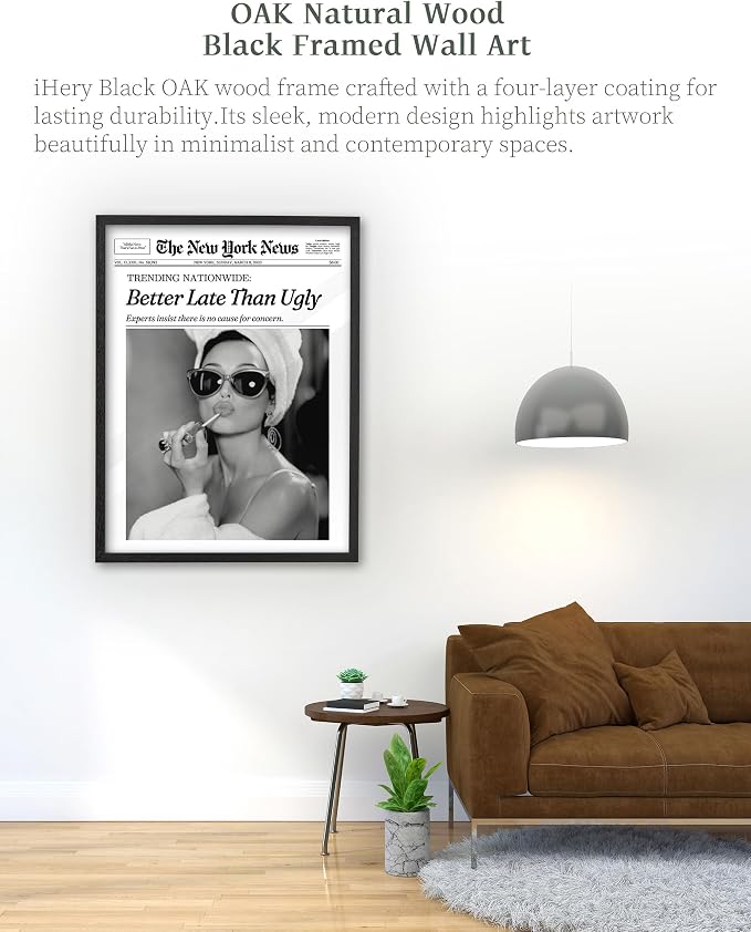 iHery 16x20in Audrey Hepburn Better Late Than Ugly Framed Bathroom Art | Premium Black Natural OAK Wood Frame with Canvas Print, Vintage Fashion Wall Decor for Bedroom, Apartment Girl Dorm, 1Pack