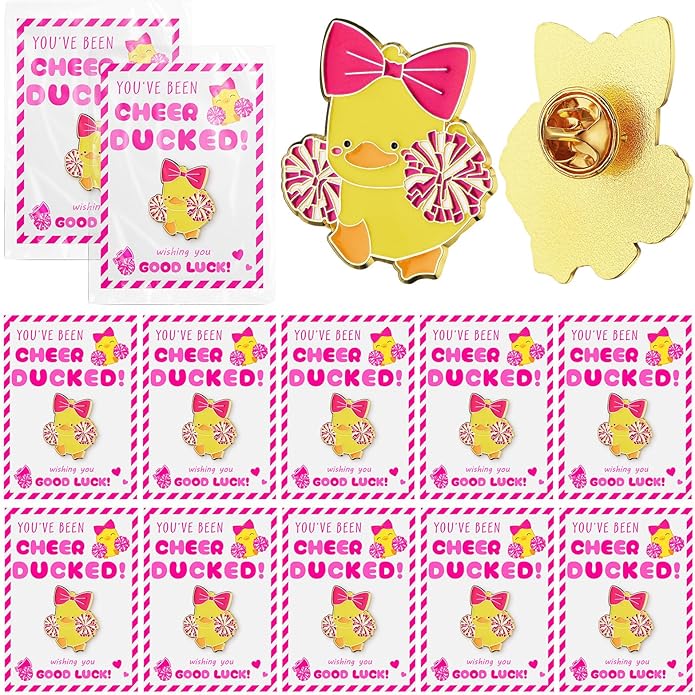 Quelay 24 Pack Cheer Team Gifts Bulk Cheerleader Duck Pins Brooches You've Been Cheer Ducked Tags Team Inspirational Gift Accessories for Teammates