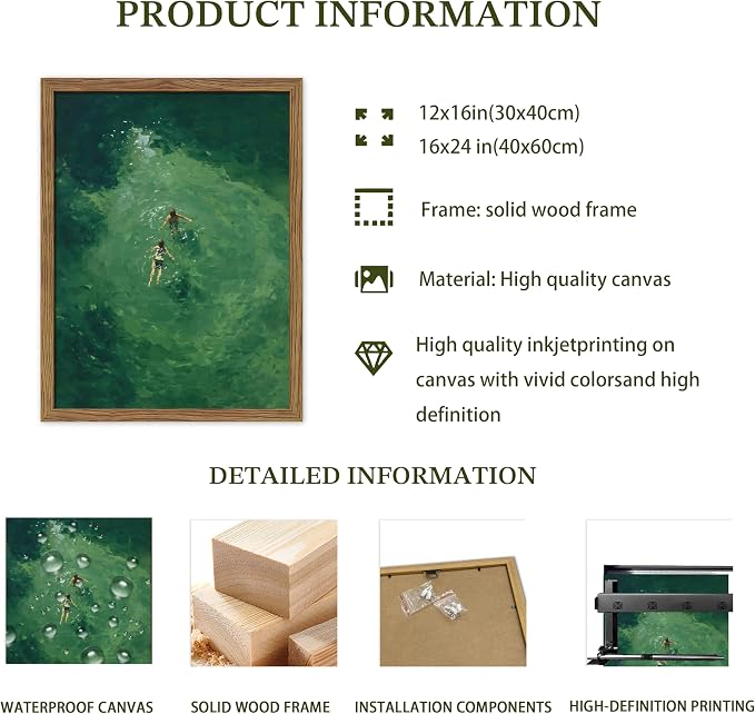 Framed Green Abstract Wall Art, Vintage Summer Swimming Canvas Wall Decor Painting, Minimalist Dark Green Water Landscape Poster Print Picture for Bathroom Bedroom Living Room 16x24 Inch