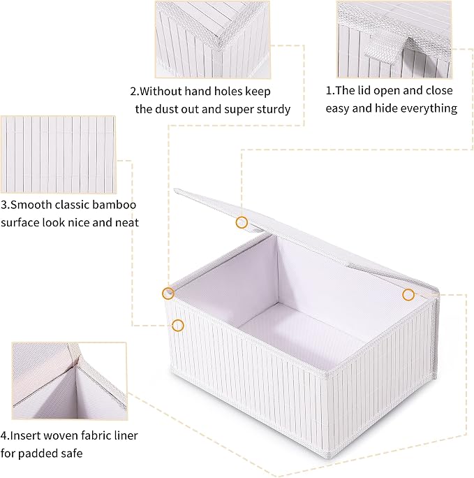 Honygebia Bamboo Decorative Storage Boxes - Set of 3 Woven Lined Storage Basket with Lids, White Wicker Lidded Baskets for Home Kitchen Shelf Organizer Decor