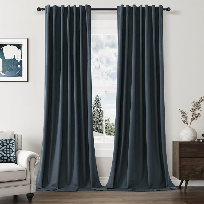 Guken 100% Blackout Linen Curtains 120 Inch Length 2 Panels Set for Living Room Bedroom Back Tab Thermal Insulated Black Out Linen Drapes Room Darkening Window Curtains,Vintage Blue