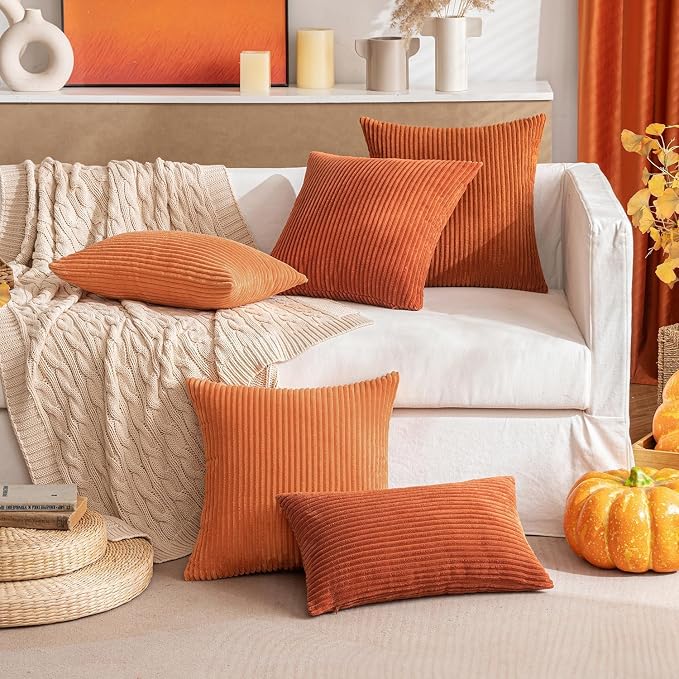MIULEE Fall Euro Corduroy Throw Pillow Covers Set of 2 24x24 Rust | Soft Striped Textured Cushion Cases, Boho Rustic Square Pillowcases for Home Decor, for Couch Chair Sofa Bed Living Room