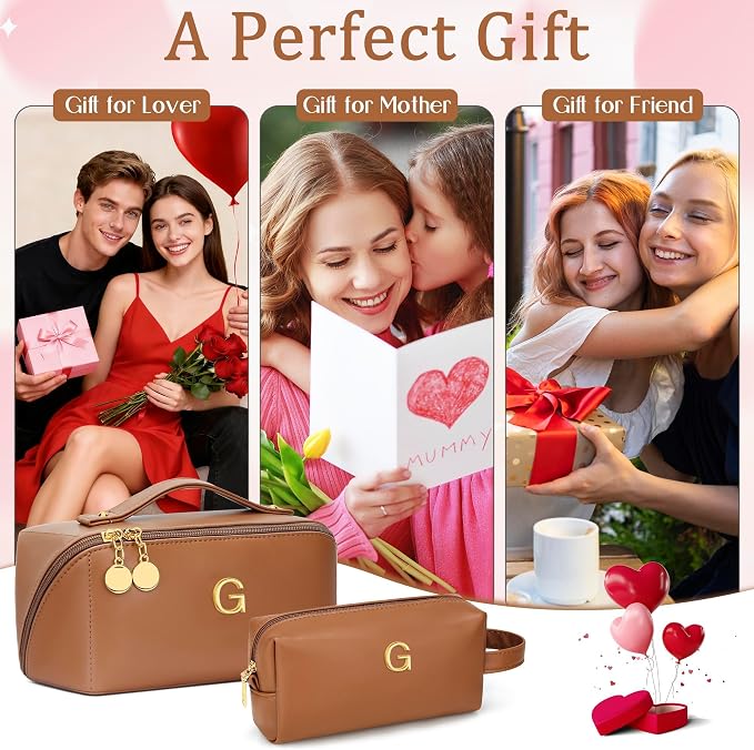 KKXIU Initial Makeup Bag for Women - Personalized Makeup Bag Gifts for Women, Travel Toiletry Bag with PU Leather, Open Flat Design with Top Handle, Cosmetic Bag Set with Multi-Pocket (Brown,G)