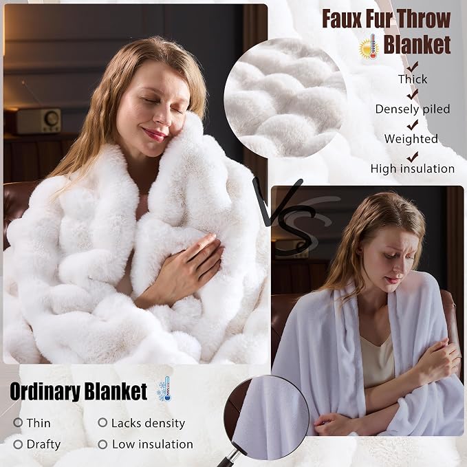 Faux Fur Throw Blanket for Couch, Fluffy Fuzzy Plush Bubble Blanket, Soft Warm Cozy Shaggy Rabbit Blanket, Luxury Decorative Gifts for Sofa Bedroom Living Room, 108x90inch (Beige)