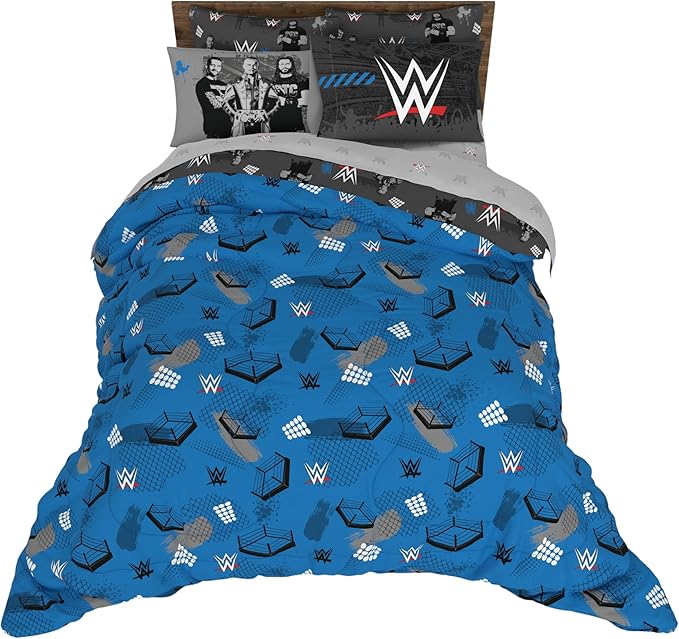 WWE Wrestling Bedding Set, Queen Size 7 Piece Set Super Soft Cozy Reversible Comforter and Sheet Set with Sham, (100% Officially Licensed Product) by Franco